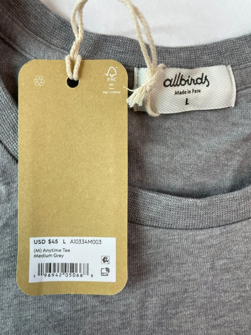 Allbirds Anytime Tee Medium Grey Organic Merino Pocket Crewneck Men's L $45 NWT - Picture 6 of 6